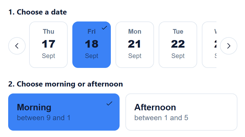 Choosing a date, then morning or afternoon, for a free home measure