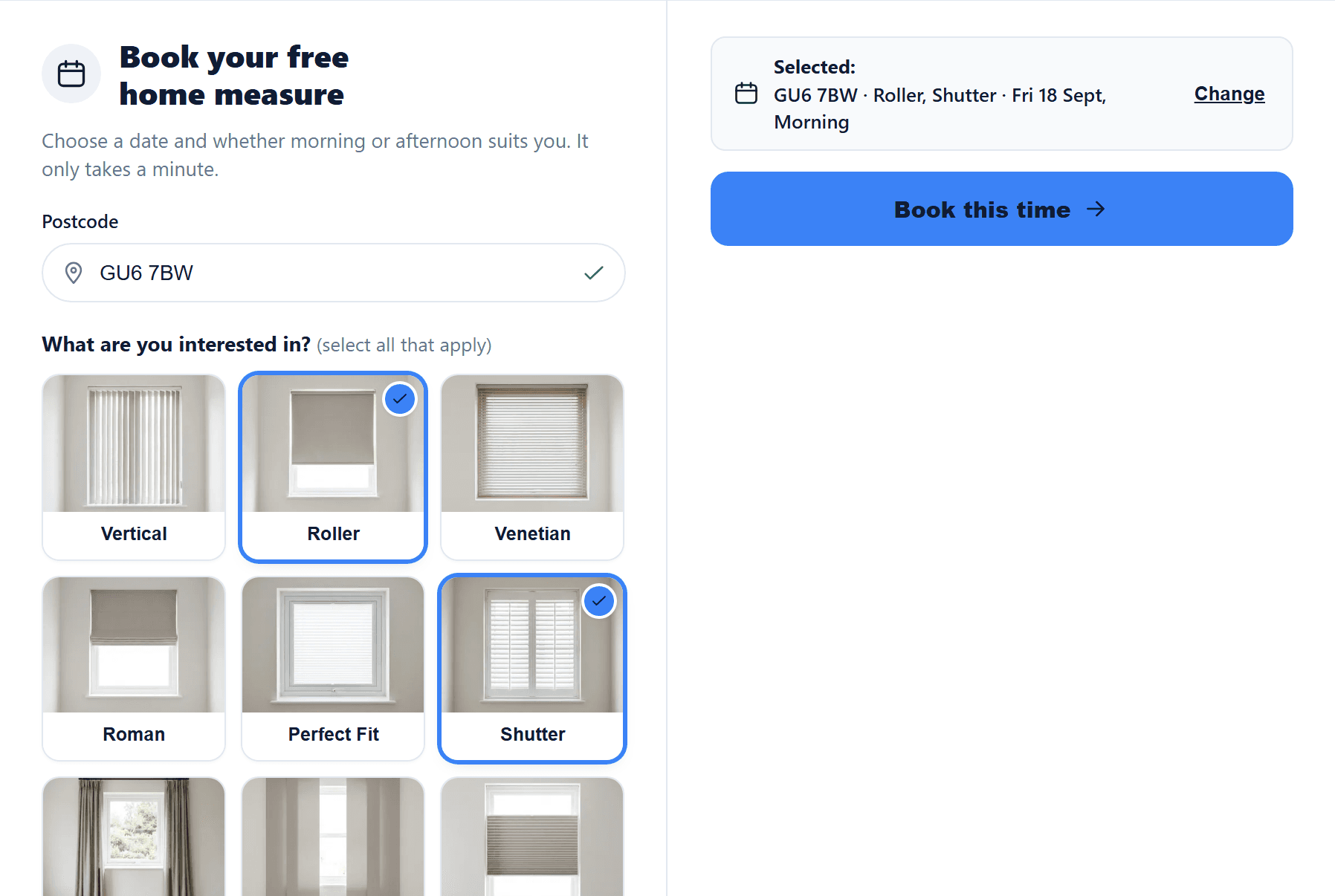 Booking a free home measure from a website: a postcode, the blinds chosen, and the selected date and morning ready to book