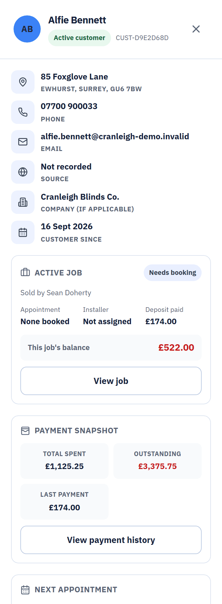 A customer's 360 record: contact details, the active job, and a payment snapshot