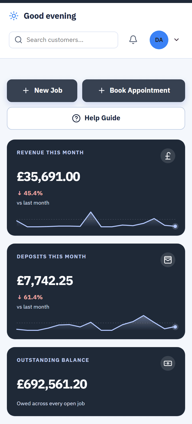 The owner's dashboard on a phone: revenue and deposits with their trends, and the outstanding balance
