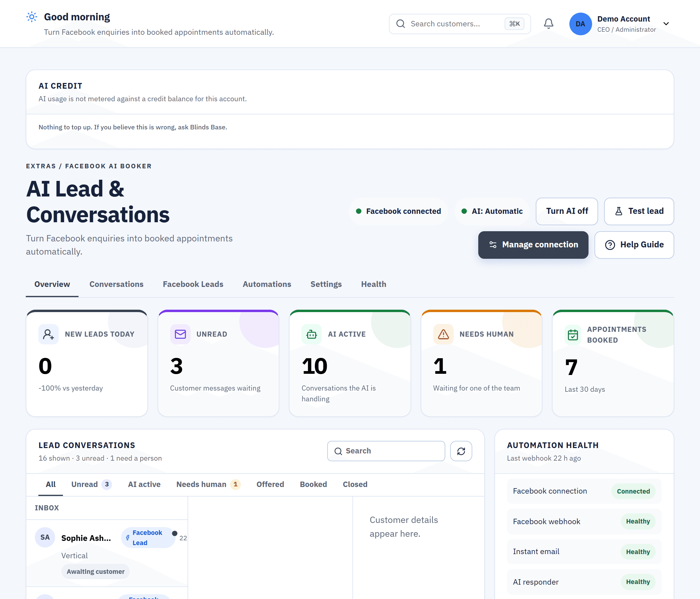 The Facebook AI Booker's AI Lead and Conversations screen: new leads, conversations Blinds Base AI is handling, and appointments booked