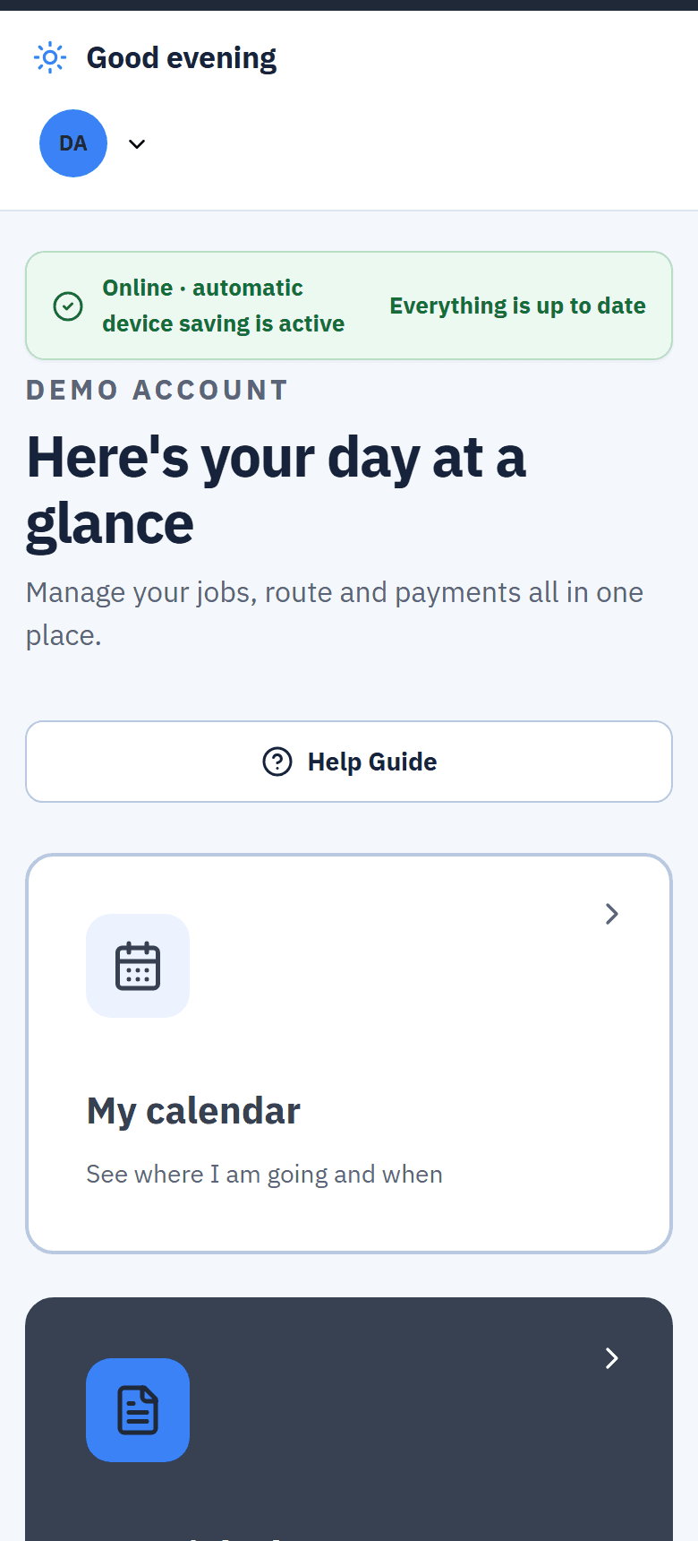 The fitter's day on a phone: online, automatic device saving is active, and everything is up to date