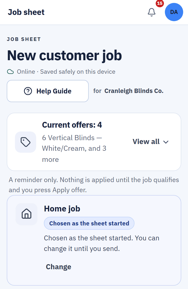 The top of a new job sheet on a phone: Current offers: 4, and a reminder that nothing is applied until the job qualifies and the fitter presses Apply offer