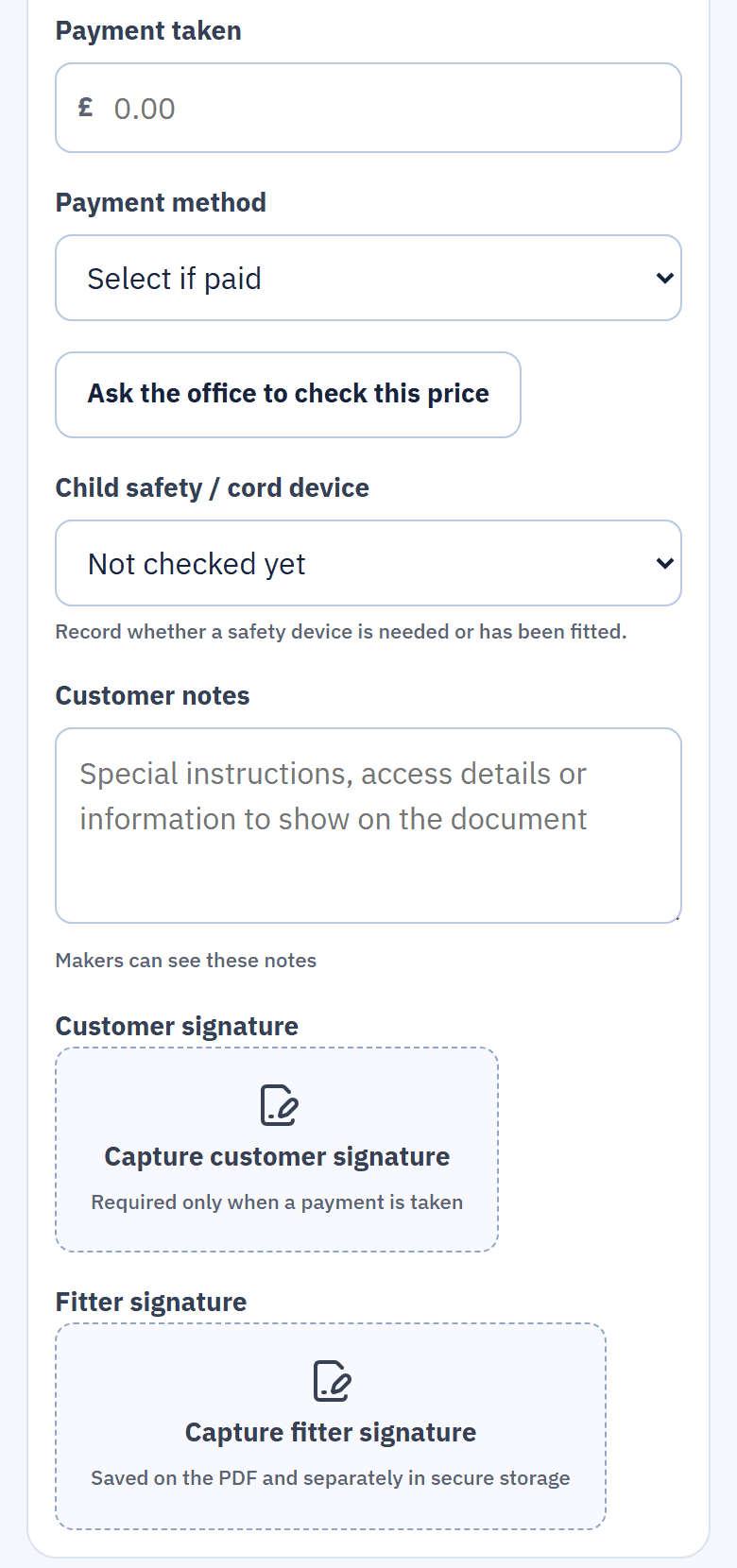 Payment and signatures on the job sheet: payment taken, payment method, the child safety check, customer notes, and the customer and fitter signature boxes