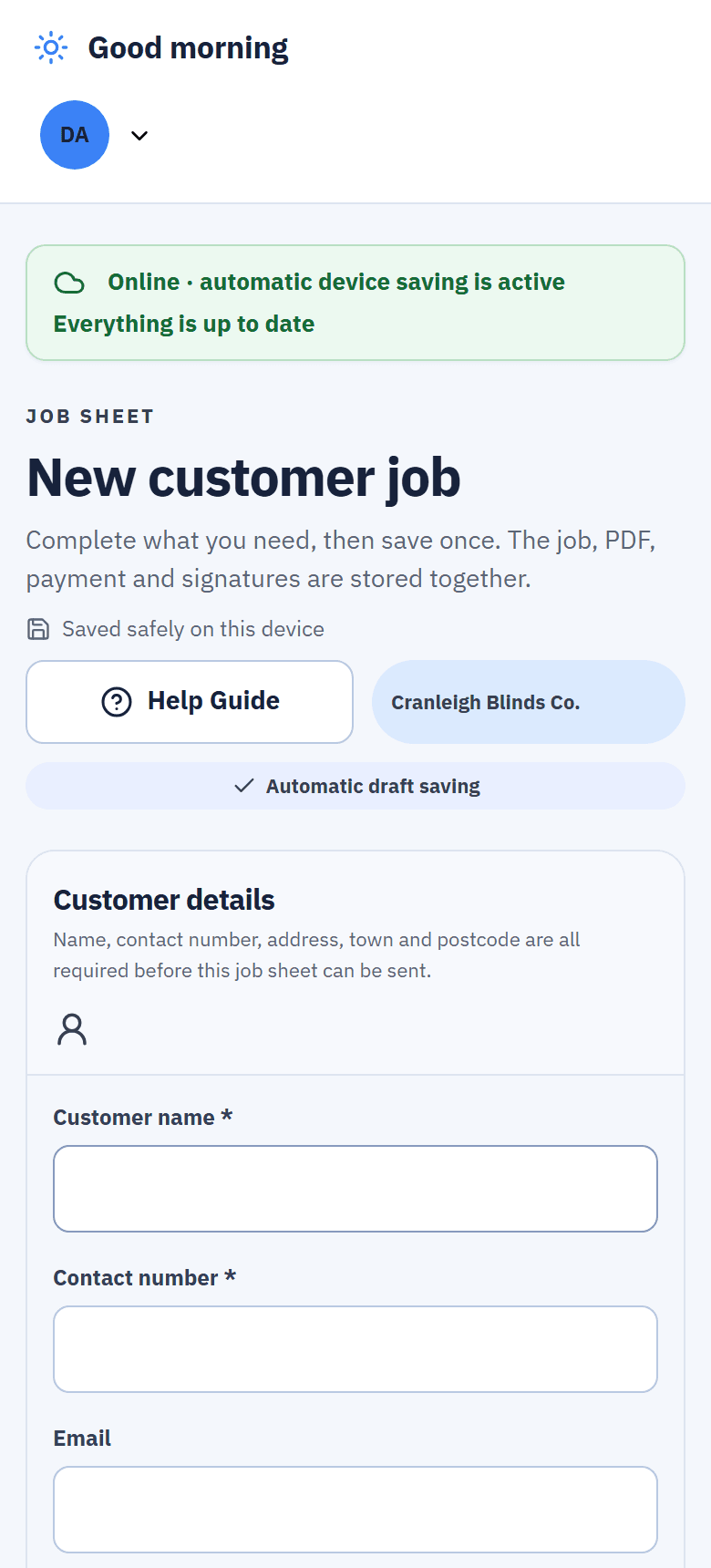 Customer details on a new job sheet on a phone, the start of the customer's record