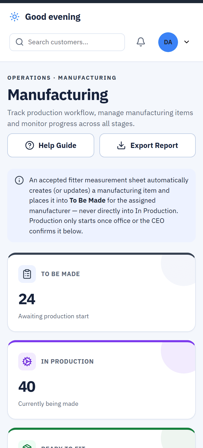 The manufacturing board on a phone, with its To Be Made and In Production counts