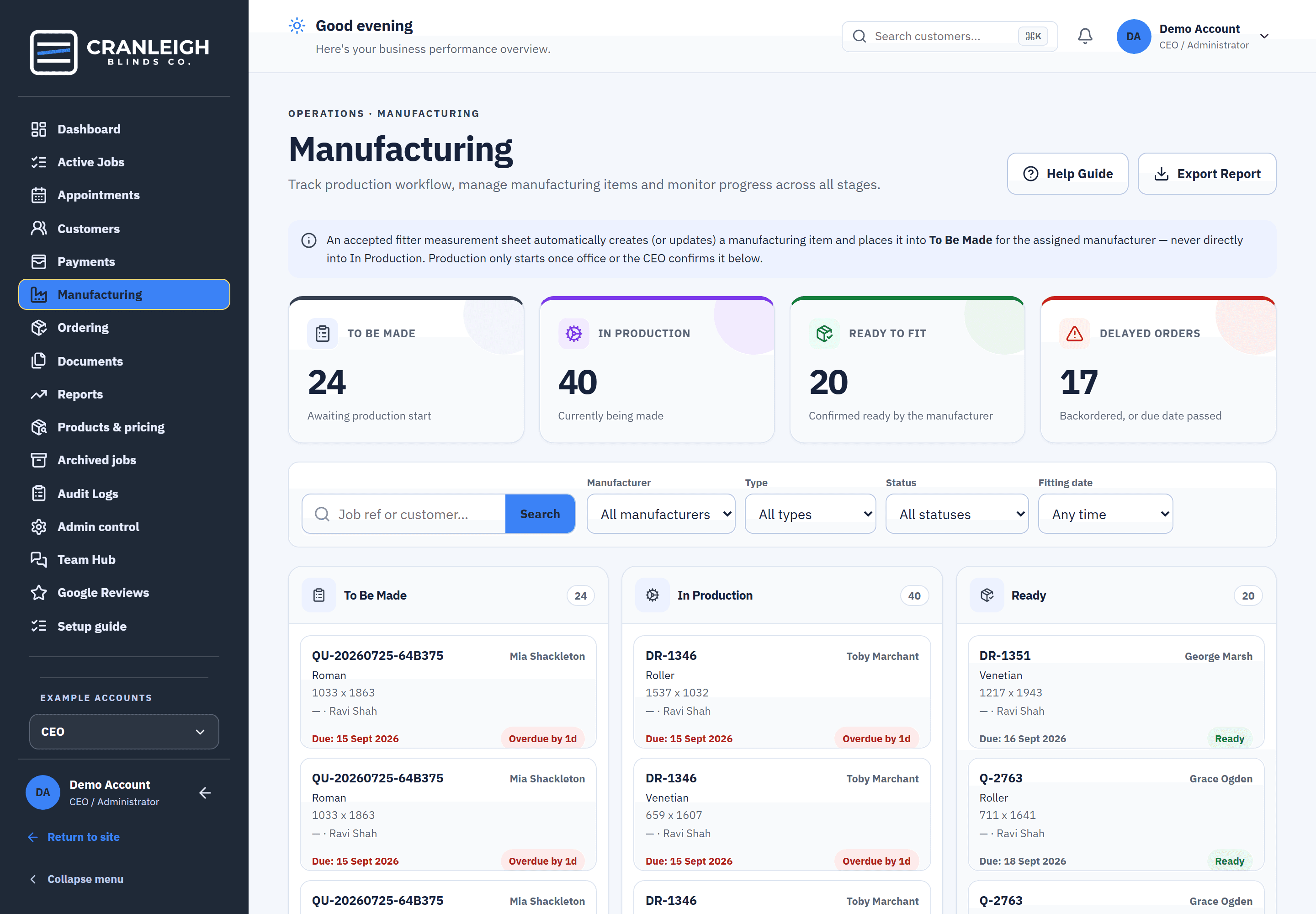 The manufacturing board: to be made, in production and ready, with due dates and overdue flags