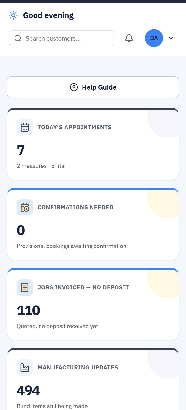 The office dashboard on a phone: today's appointments, confirmations needed and jobs quoted with no deposit