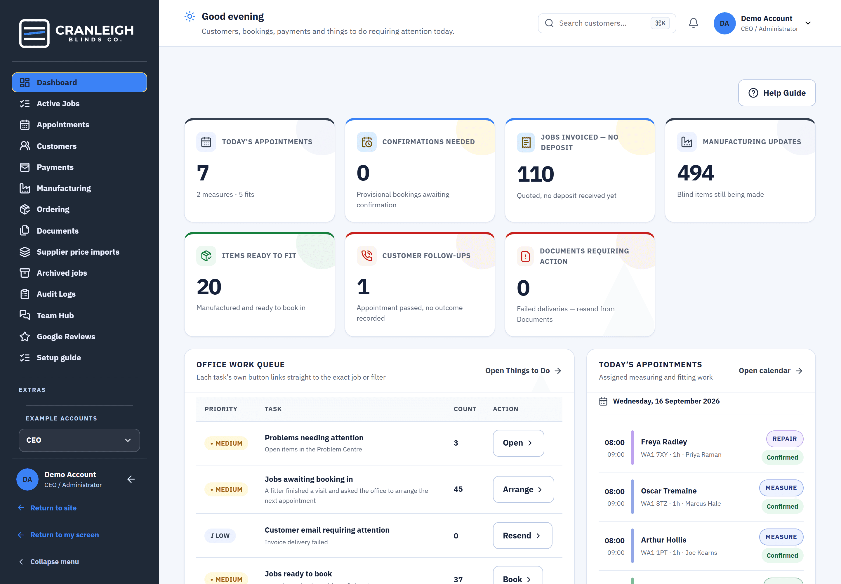 The office dashboard: today's appointments, confirmations needed, jobs quoted with no deposit, items ready to fit and the office work queue