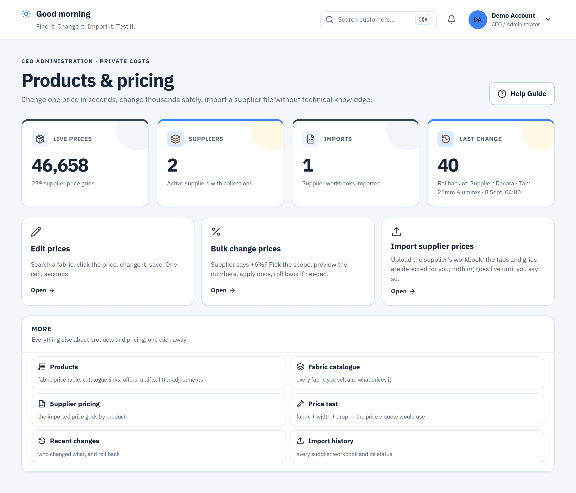 Products and pricing: live prices, suppliers, imports, and the tools to edit, bulk change and import supplier prices