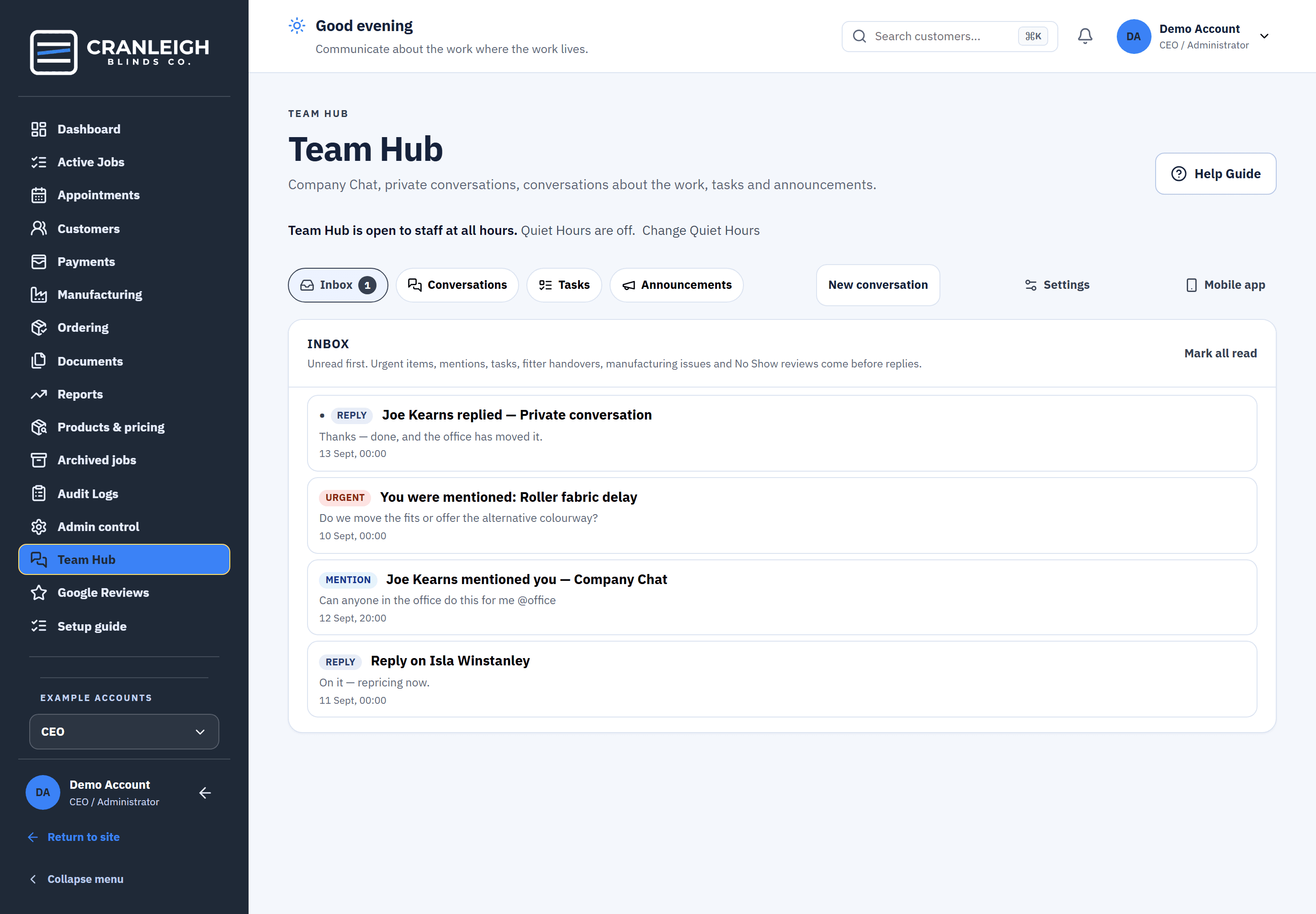 Team Hub: conversations about jobs and customers